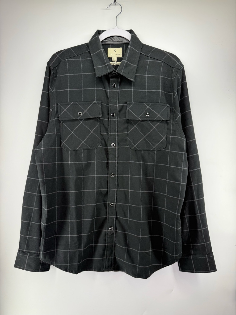 Scott James Black Pearl Snap Button Down Western Plaid Shirt Men’s Medium NEW